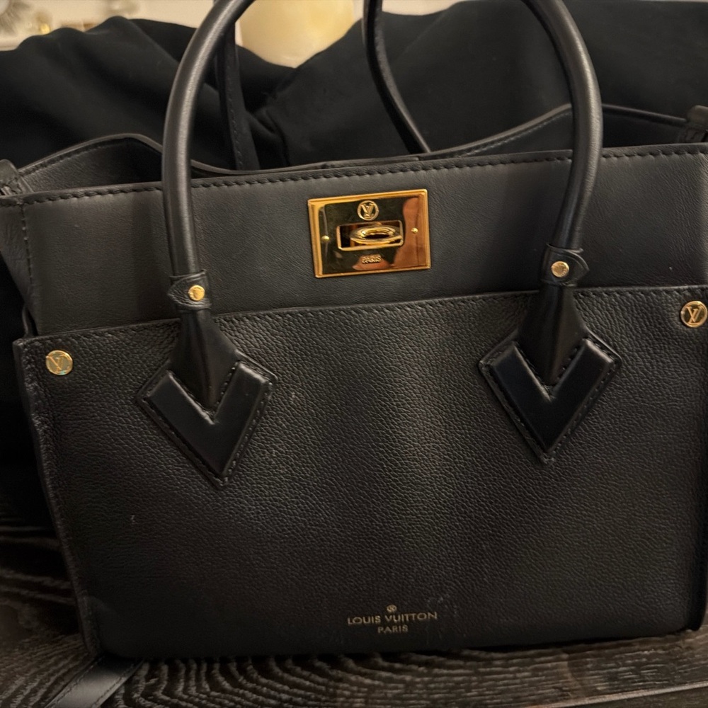 Louis Vuitton Black Leather Satchel with Gold Hardware